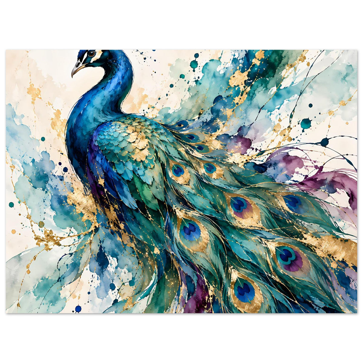 Pfau-Wandposter im Querformat, Aquarellstil: blauer Kopf mit buntem Gefieder im Vordergrund