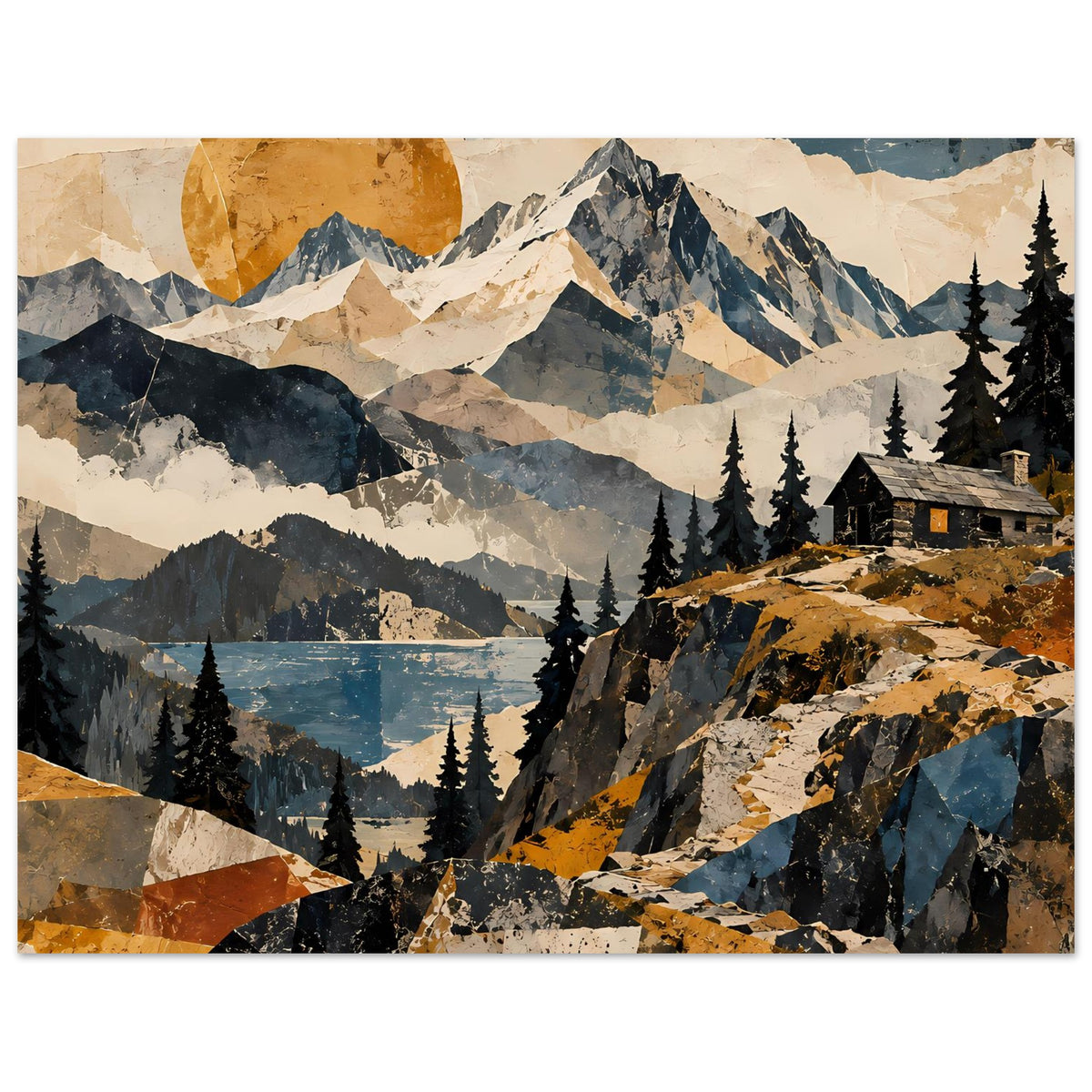 Querformatiges Naturposter mit Bergen, See, Tannen und Berghütte, warmes Farbspiel