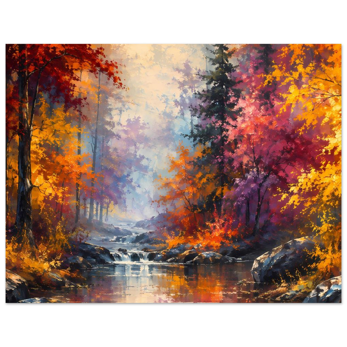 Herbstwald-Panorama-Poster mit Flusslauf, großen Felsbrocken und buntem Laub im Vordergrund