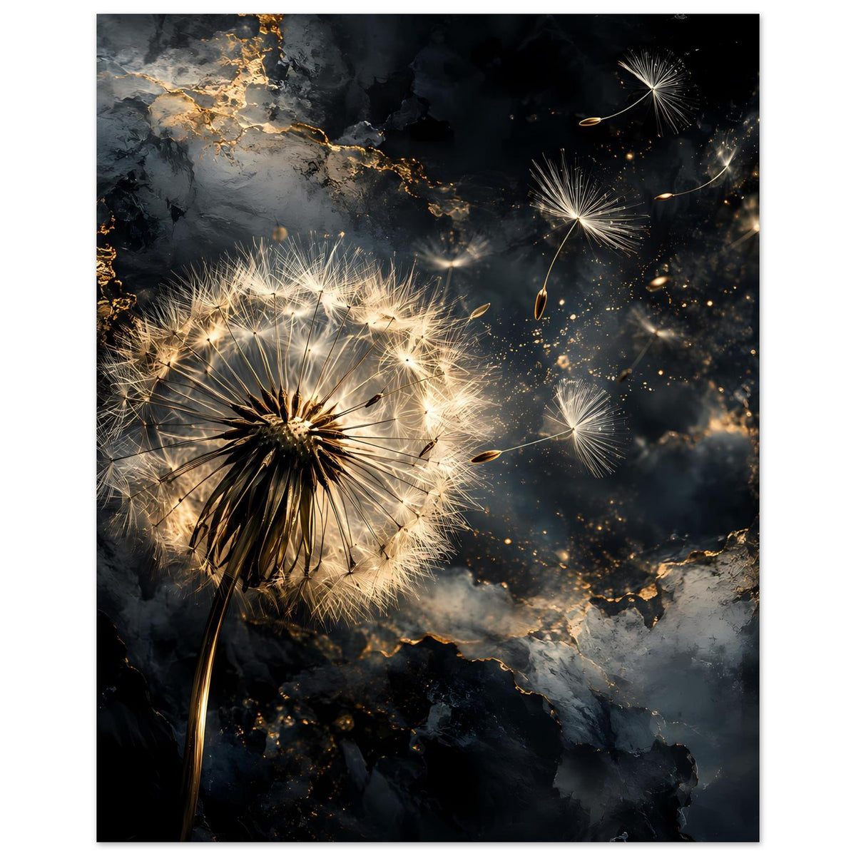 Mattes Poster: Pusteblume links unten, goldene Funken und helle Strahlen