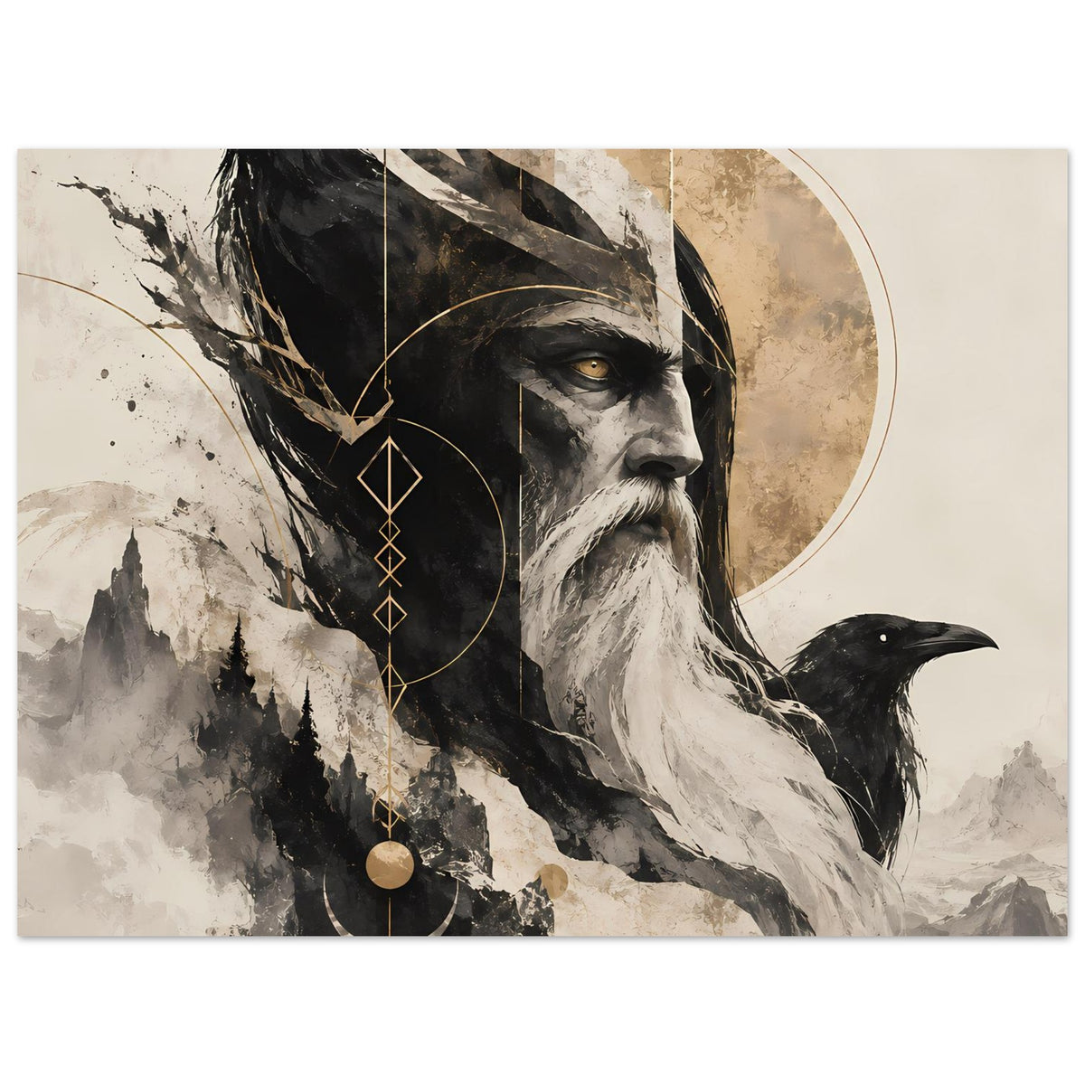 Kunstposter im Querformat: Nordmann mit Rabe, Kreisornament und goldene Anhänger