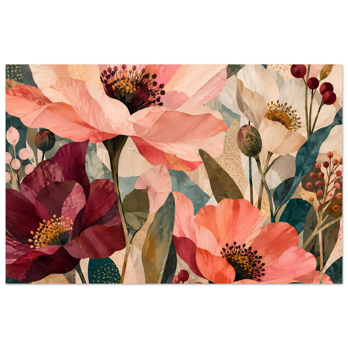 Blumenkunst-Poster mit abstrakten Korall- und Burgund-Tönen, Blüten und Blättern im Querformat