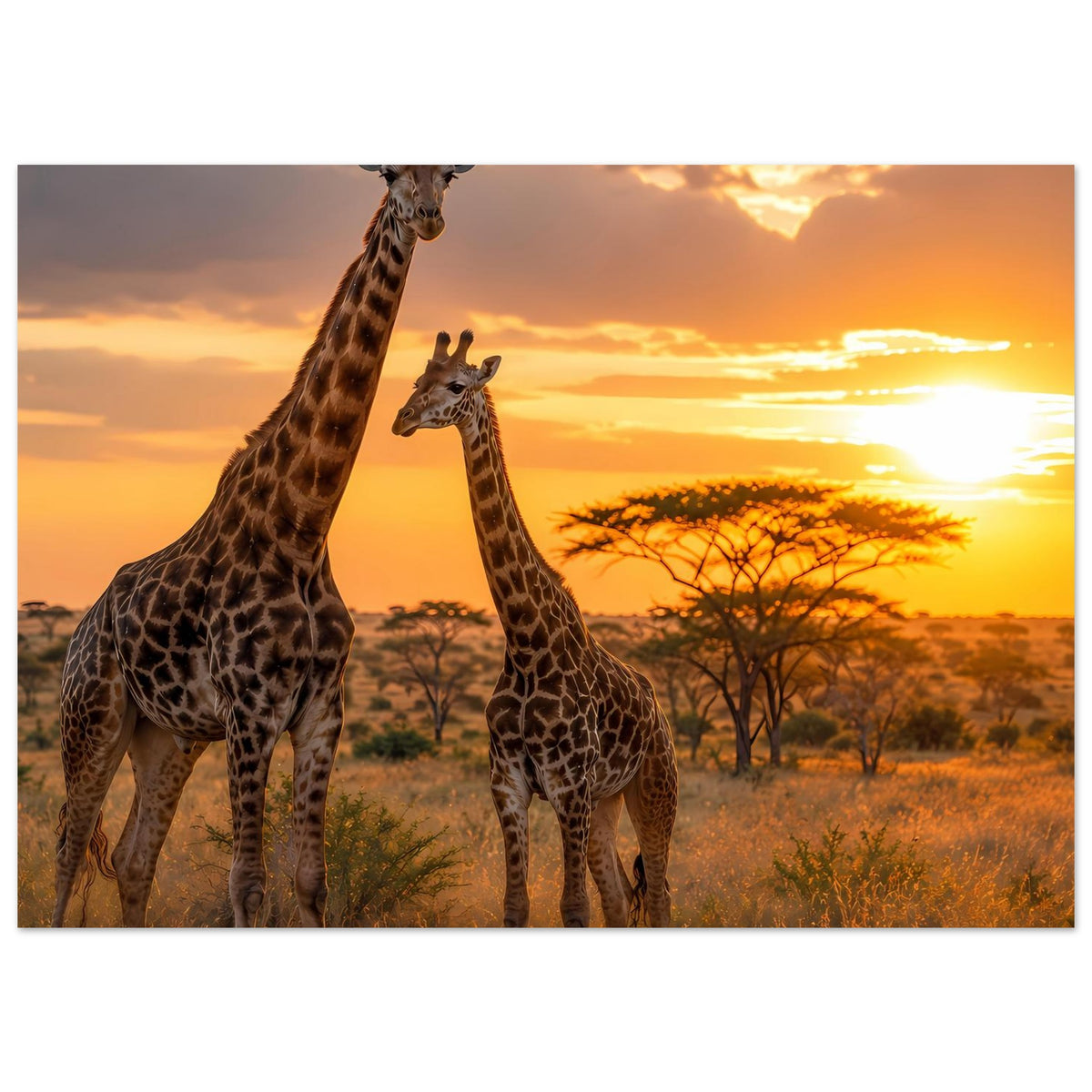 Poster mit Giraffenherde: große Giraffe links, kleinere rechts, Sonnenuntergangshimmel im Hintergrund