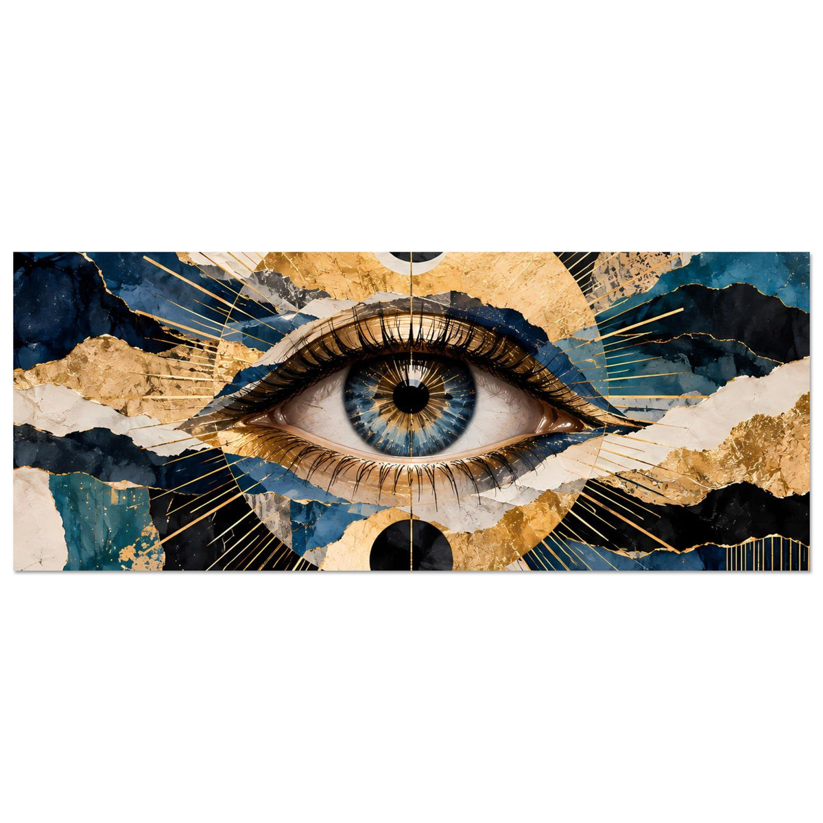 Horizontales Kunstposter mit Blick auf ein Auge, türkis/blau und goldene Linien im Hintergrund