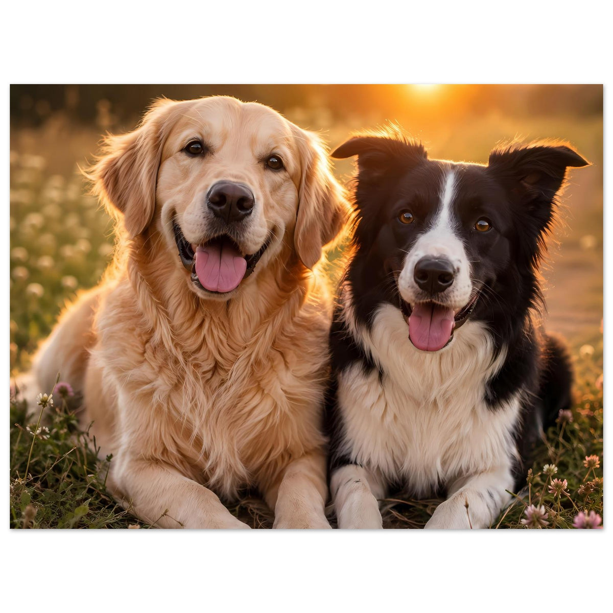Poster mit Hunde-Porträt: goldener und schwarzer Hund nebeneinander, Zunge sichtbar