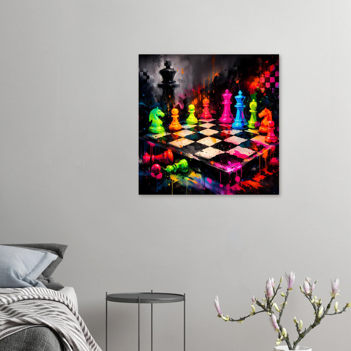 Abstraktes Schachspiel-Poster mit bunten Neonfiguren auf Schachbrett und Farbspritzern