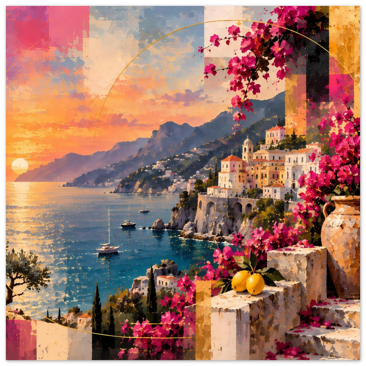 Poster mit Booten, Klippenstadt, rosa Bougainvillea und Blick über das Meer im Abendrot