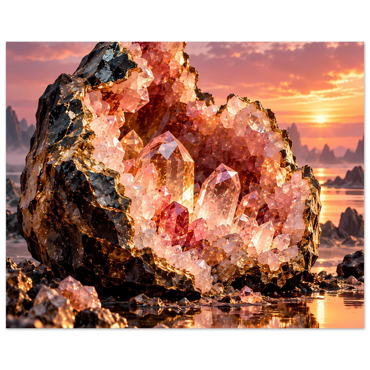 Kristall-Geoden-Poster mit rosa Kristallen im dunklen Gestein bei Sonnenuntergang
