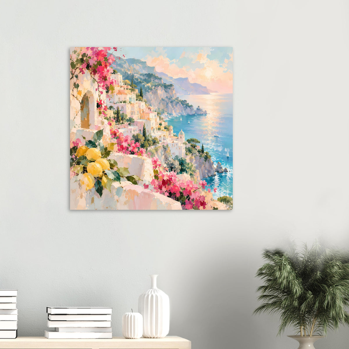 Quadratischer Posterdruck mit Küstenblick, Meer und blühenden Blumen am Bogen