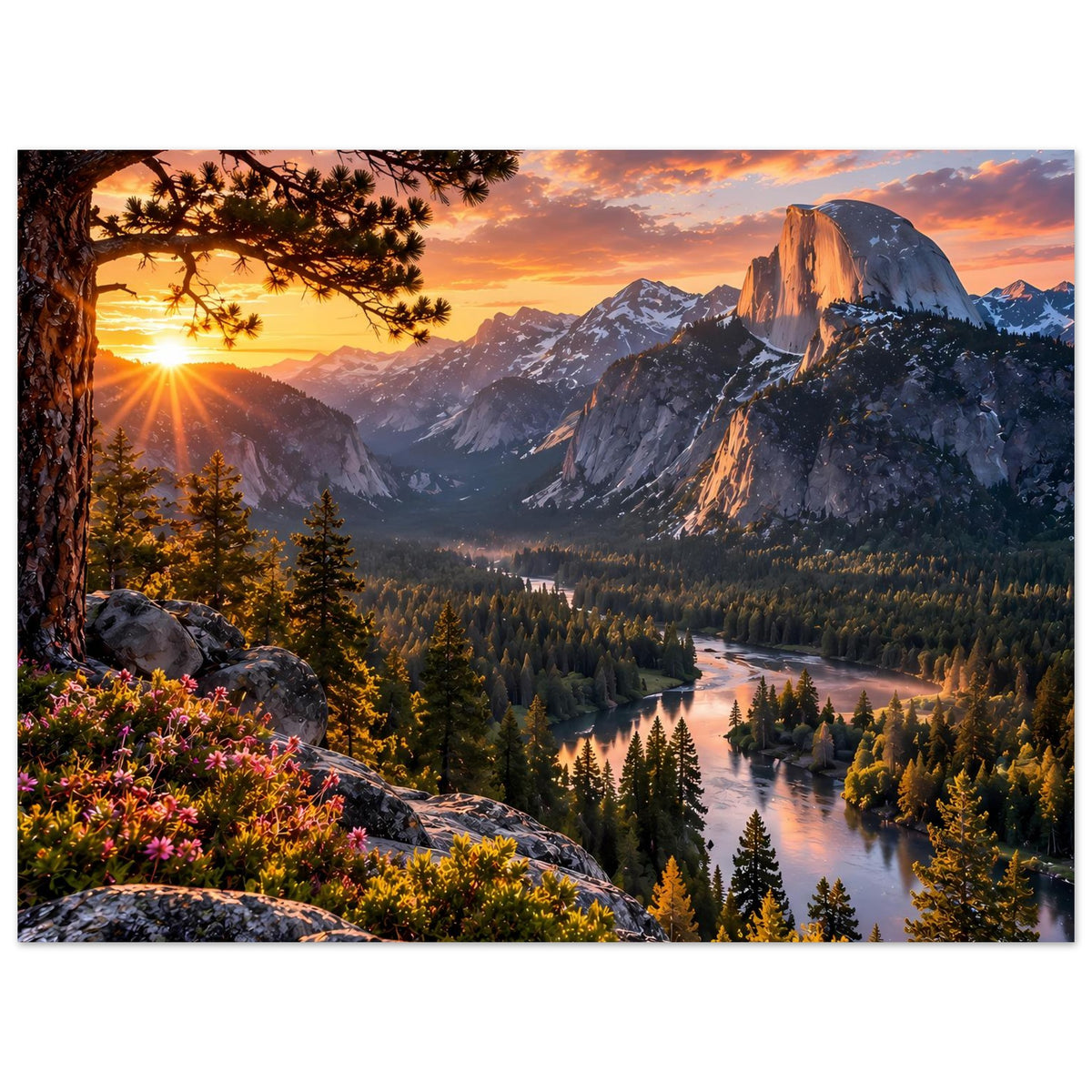 Landschaftsposter mit Fels und Blumen links, Sonnenuntergang über hohen Bergen und Flusstal