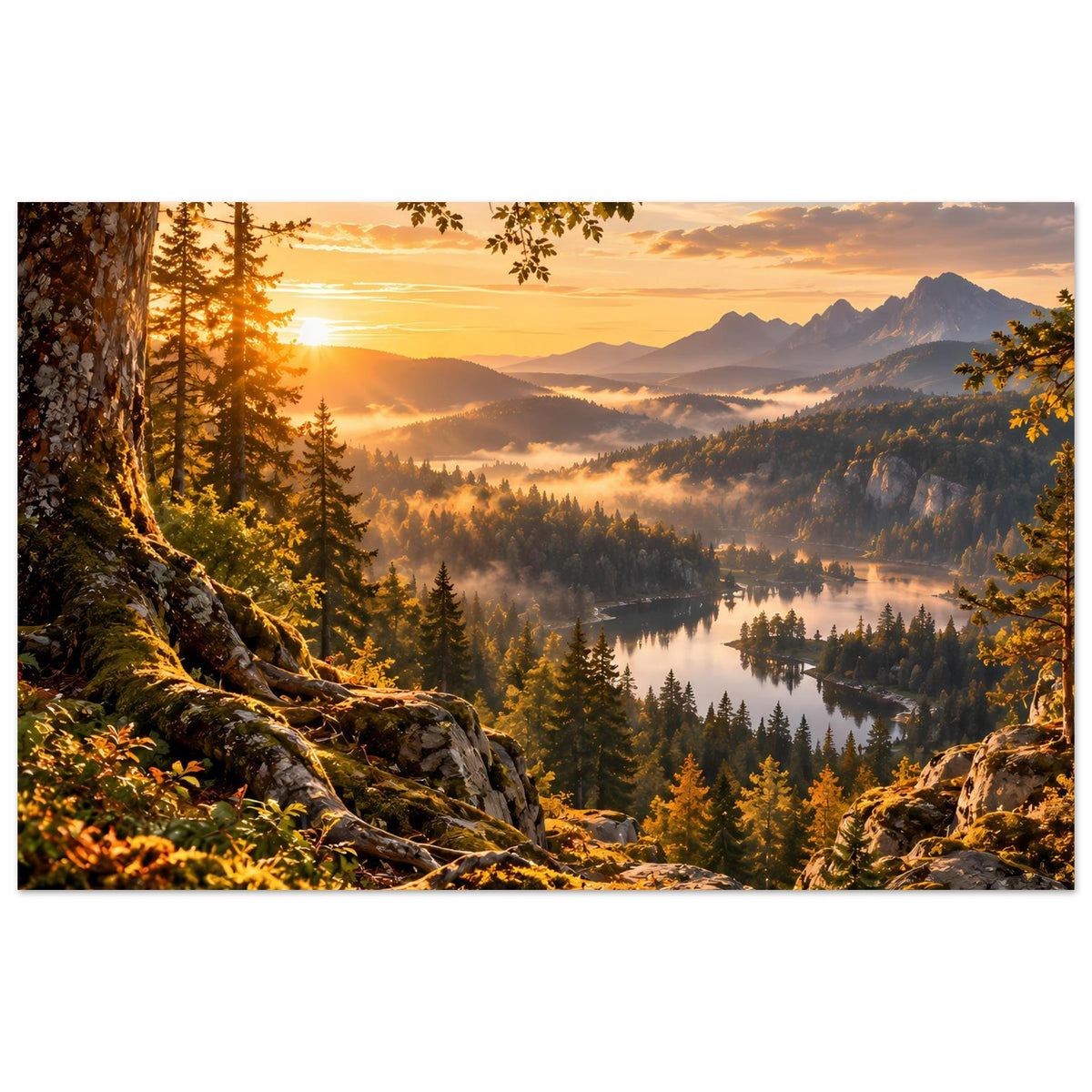 Landschaftsposter: Sonnenaufgang über Bergkette, See und bewaldetem Tal, warme Farbtöne.