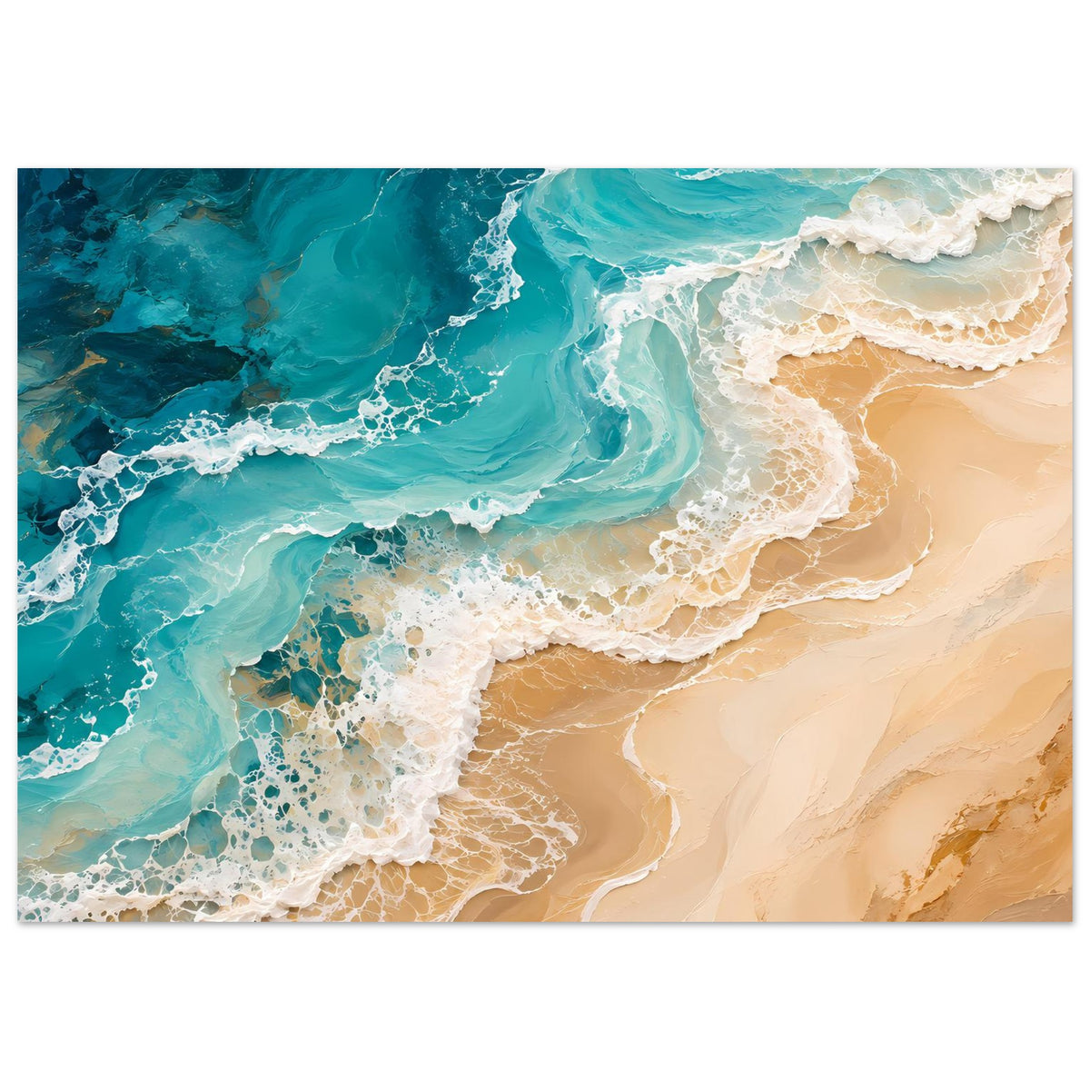 Abstraktes Ozeanposter mit türkisblauem Wasser, beiger Küste und weißem Schaumschaum