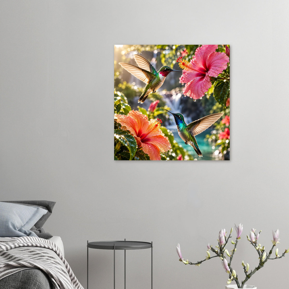 Kleines Poster (Quadratformat) mit zwei Kolibris und Hibiskusblüten in Pink und Orange