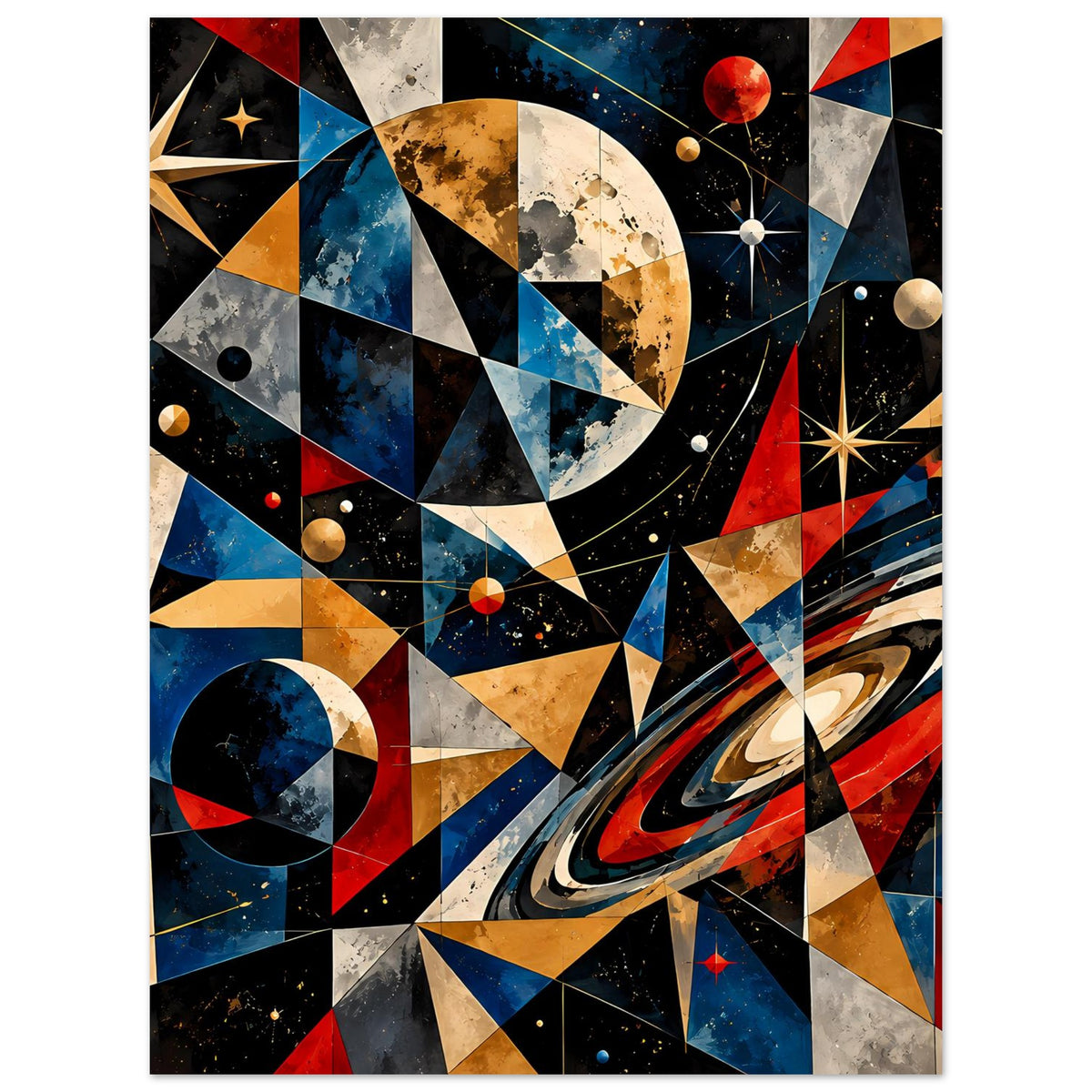 Wandposter mit abstrakter Weltraumgrafik: geometrische Formen, Planeten und Sterne in Rot, Blau, Gold.