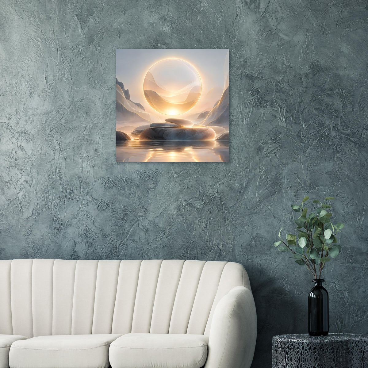 Kunstposter mit leuchtendem Ring über abstrakter Landschaft und hellen Wellen