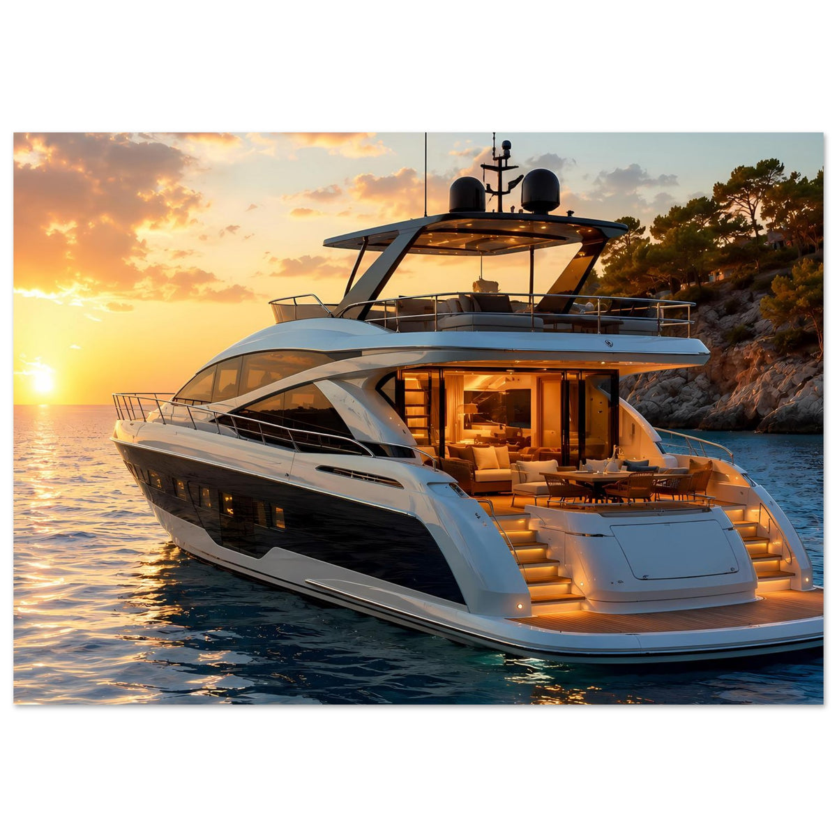 Yachtposter mit Luxusjacht bei Sonnenuntergang, klare Bugansicht und Decks
