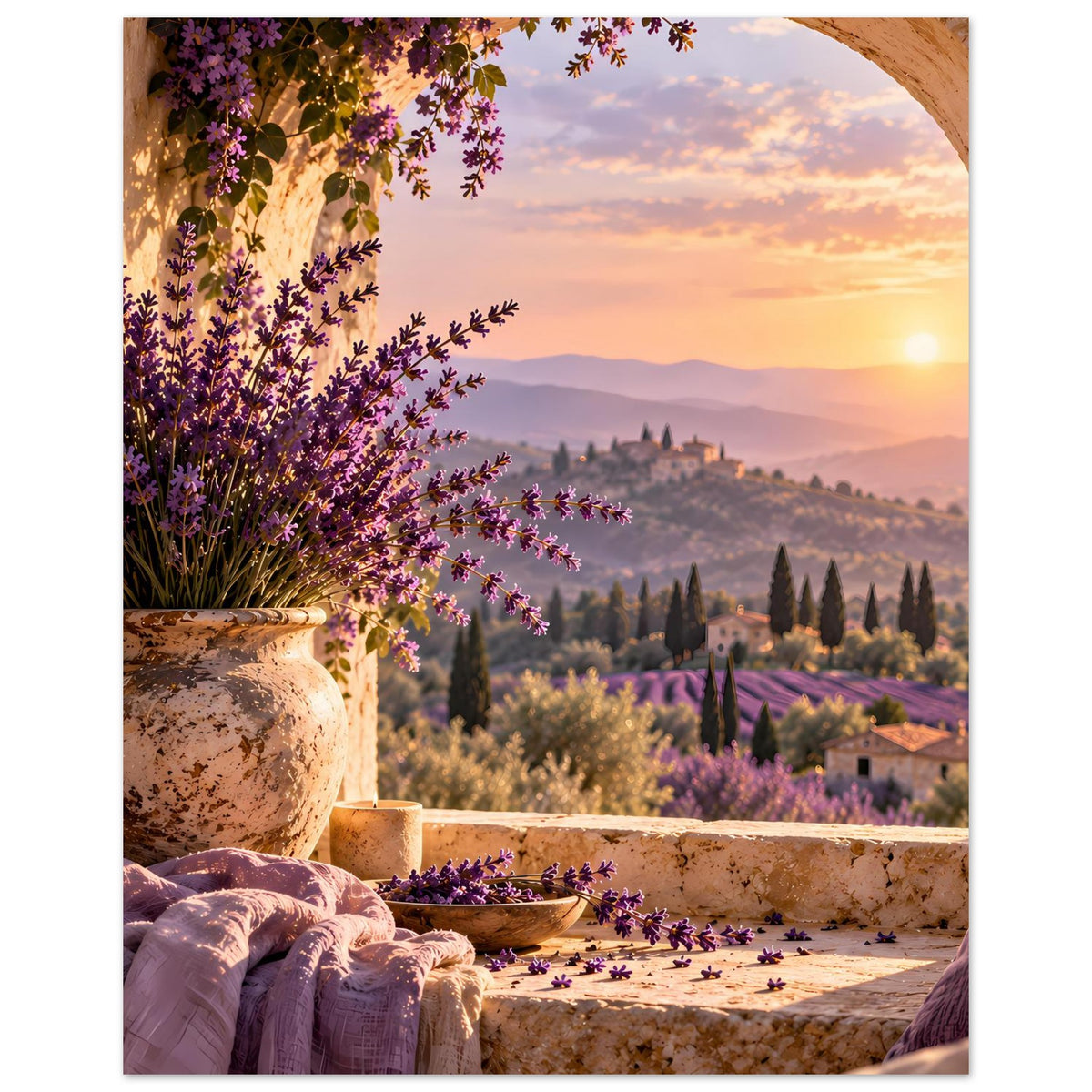 Poster im Hochformat mit Lavendelblüten, Steingefäß und Steinbogen über der Landschaft