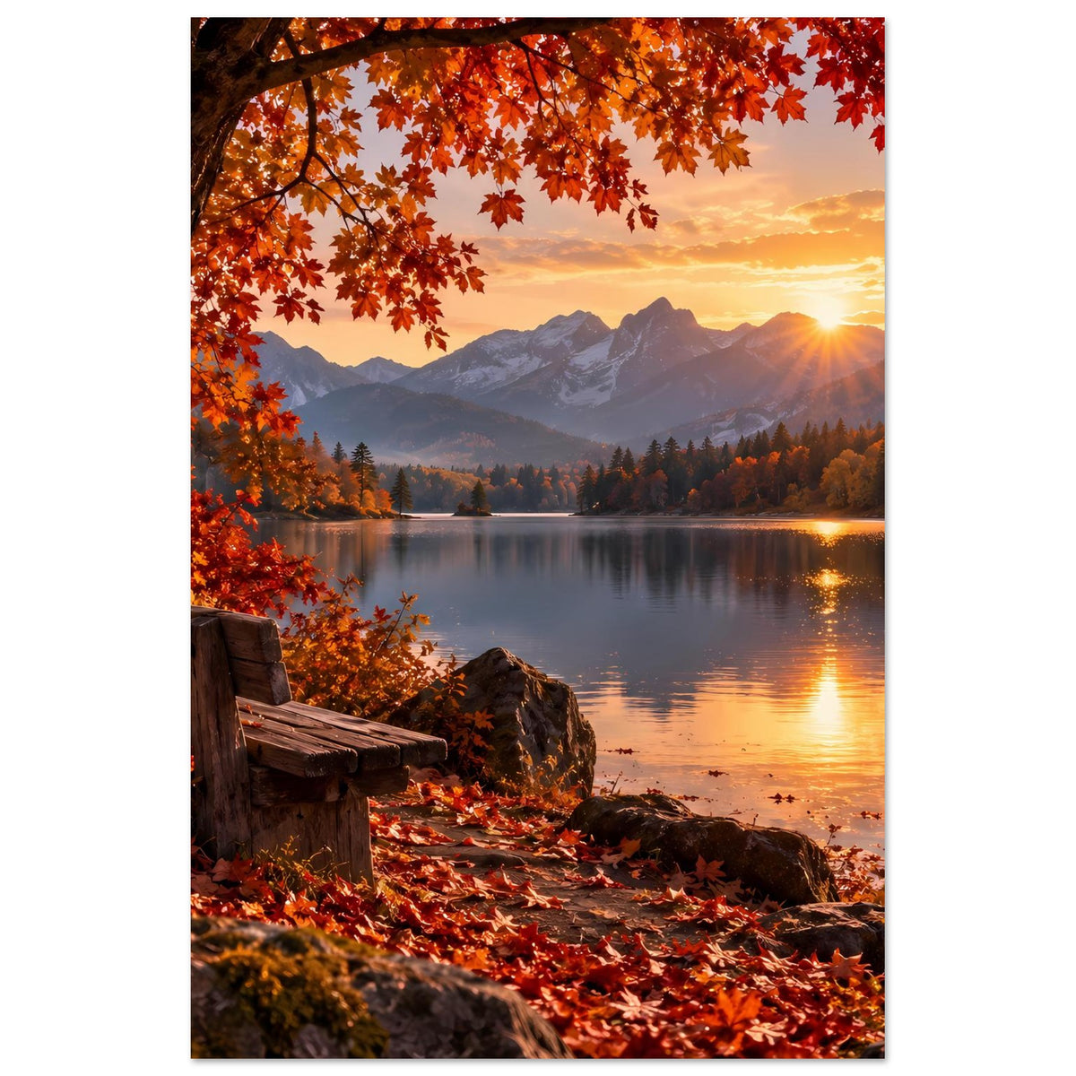 Herbstlandschafts-Poster im Hochformat: See, Bergkette, Sonnenuntergang und rote Herbstblätter
