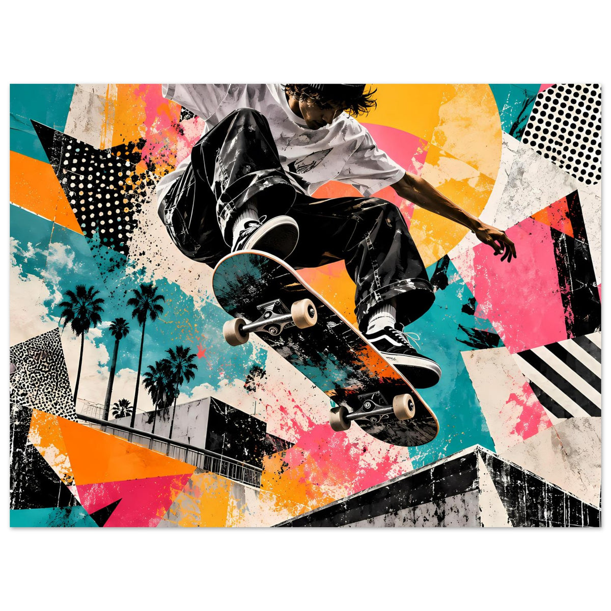 Street-Art-Poster im Querformat mit Skateboarder, buntes Street-Art-Layout und Graffiti-Details