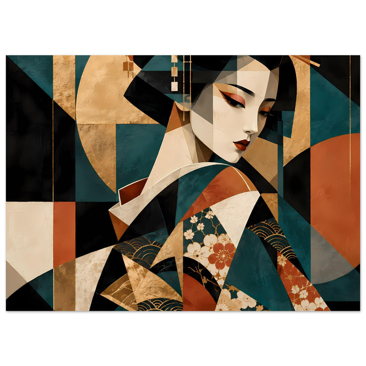 Horizontales Kunstposter mit Geisha-Motiv, florales Kleid, Gold-, Türkis- und Rottöne