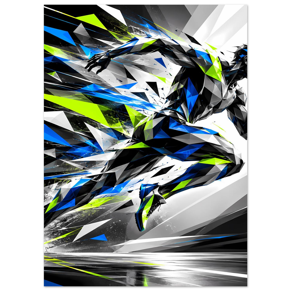Laufkunst-Poster mit Schwarz-Weiß-Look und Läuferform, Akzente in Blau und Neon-Grün