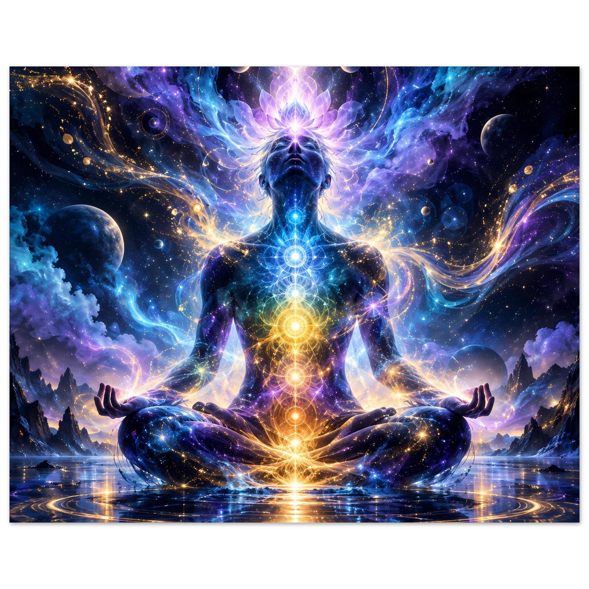Meditierende Chakra-Figur im Lotussitz mit leuchtender Chakra-Säule (blau, gelb, orange)