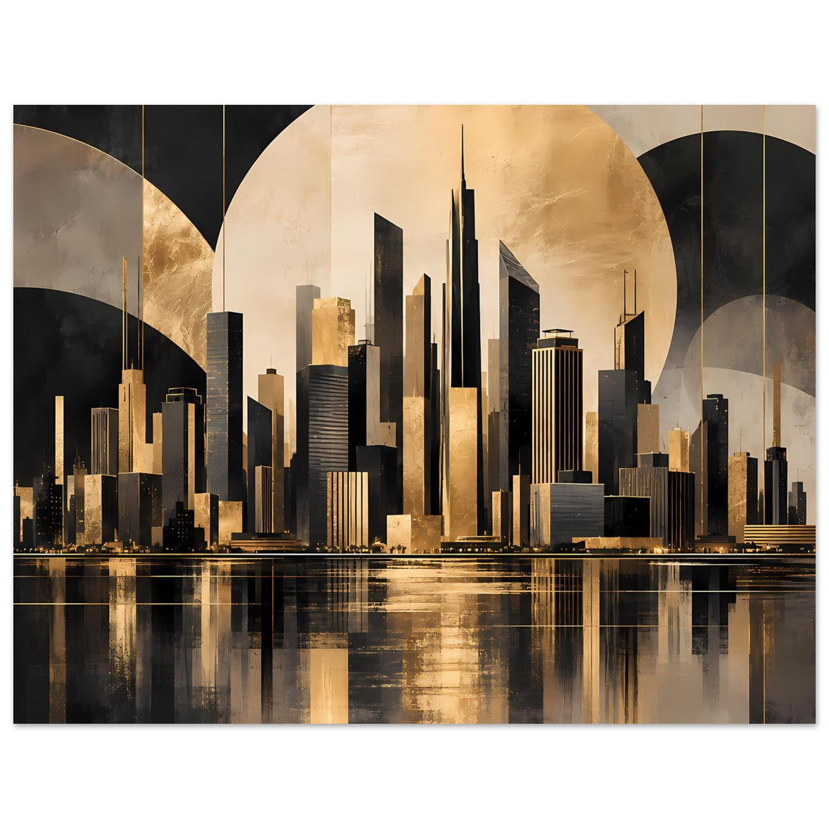 Stadtposter mit goldenen Hochhäusern, schwarzer Silhouette und Spiegelung auf Wasser