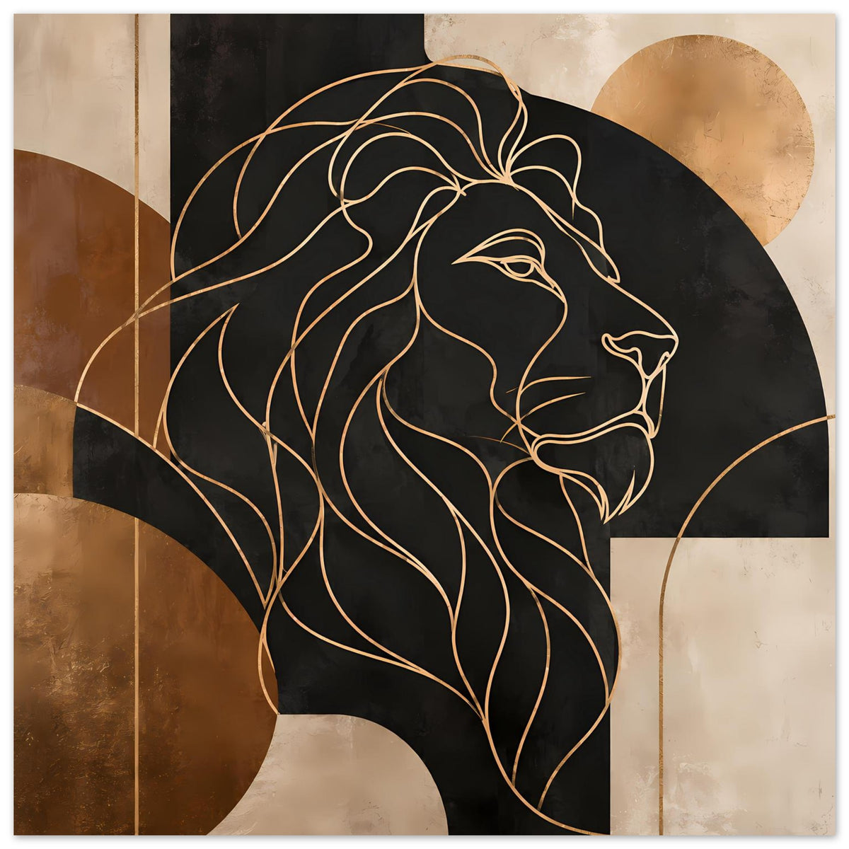 Poster mit geometrischem Löwen: schwarzer Bereich mit feinen goldenen Linien, Mähne im Fokus