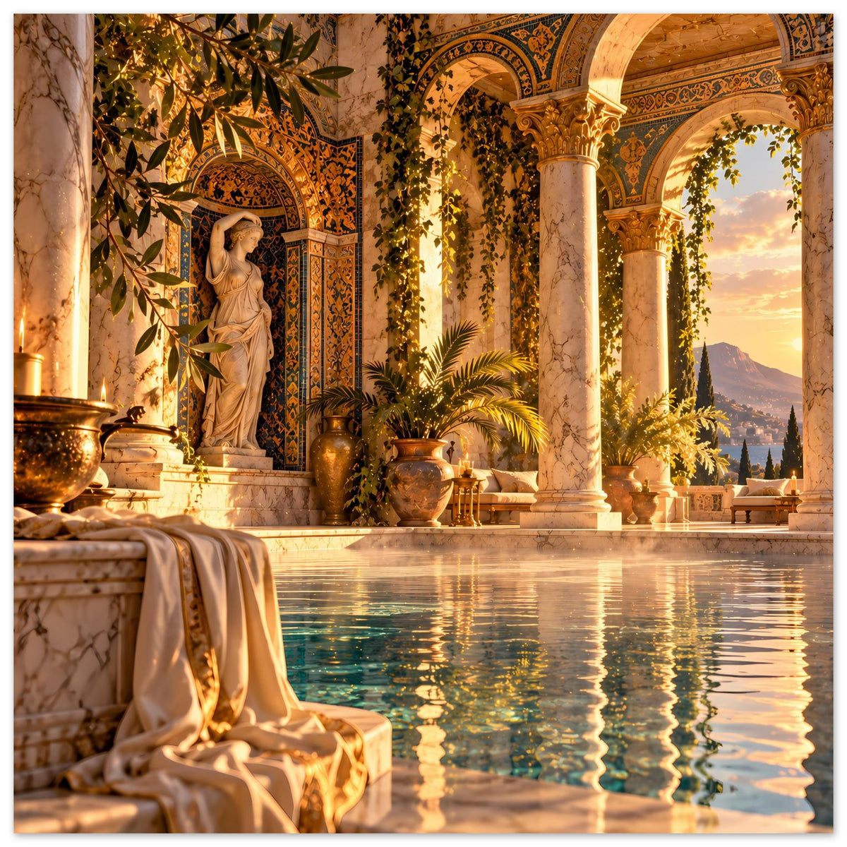 Mediterranes Poolposter: Säulen, Statue, Vegetation und schimmerndes Wasser im Becken