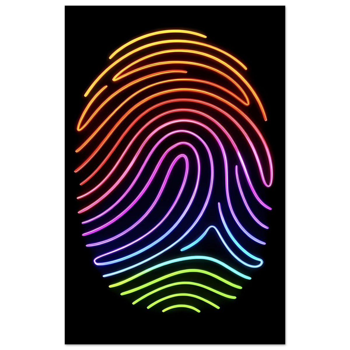 Neon-Regenbogen-Fingerabdruck-Poster, vertikal gerahmt, leuchtende Linien in Regenbogen