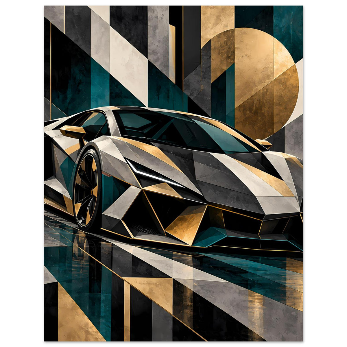 Autoposter mit silber-schwarzem Luxus-Sportwagen und goldenen Formen vor petrolfarbener Grafik