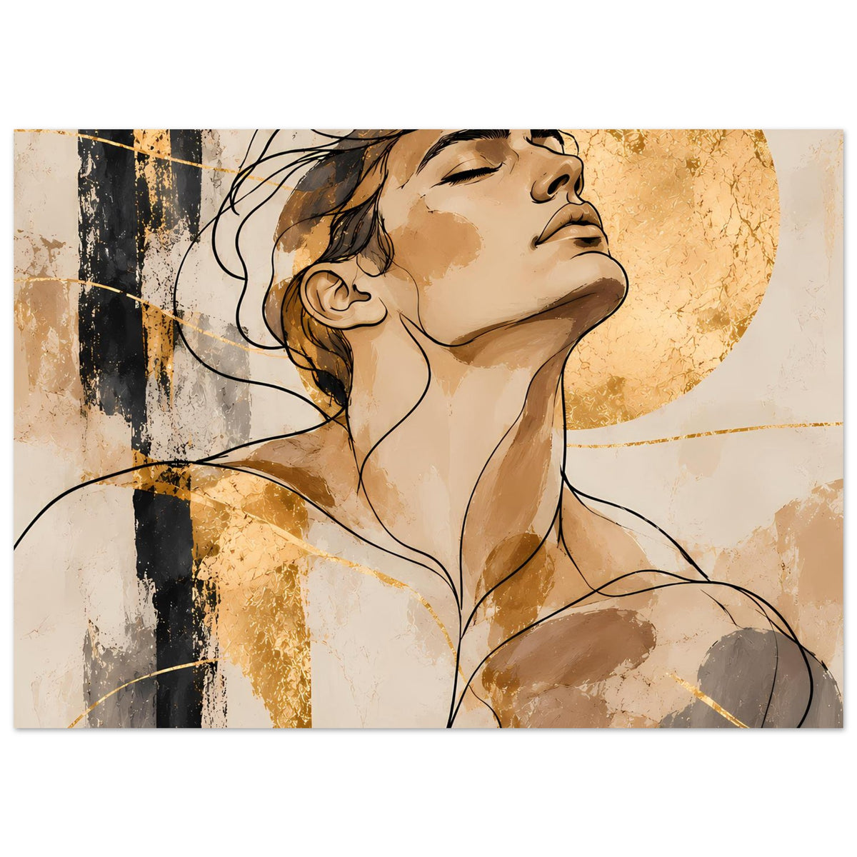 Wandposter im Querformat: Frauenporträt-Illustration mit Goldtönen und dunklen Akzenten