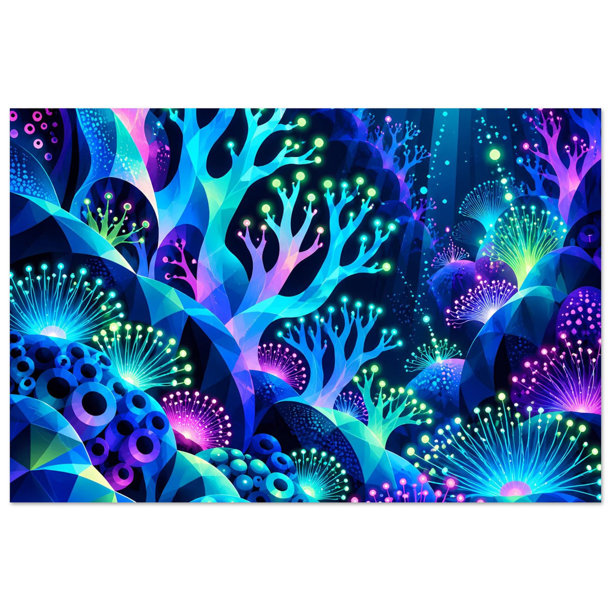 Unterwasser-Neonposter mit bunten Korallen, vielen Lichtpunkten und tiefblauen Farbtönen