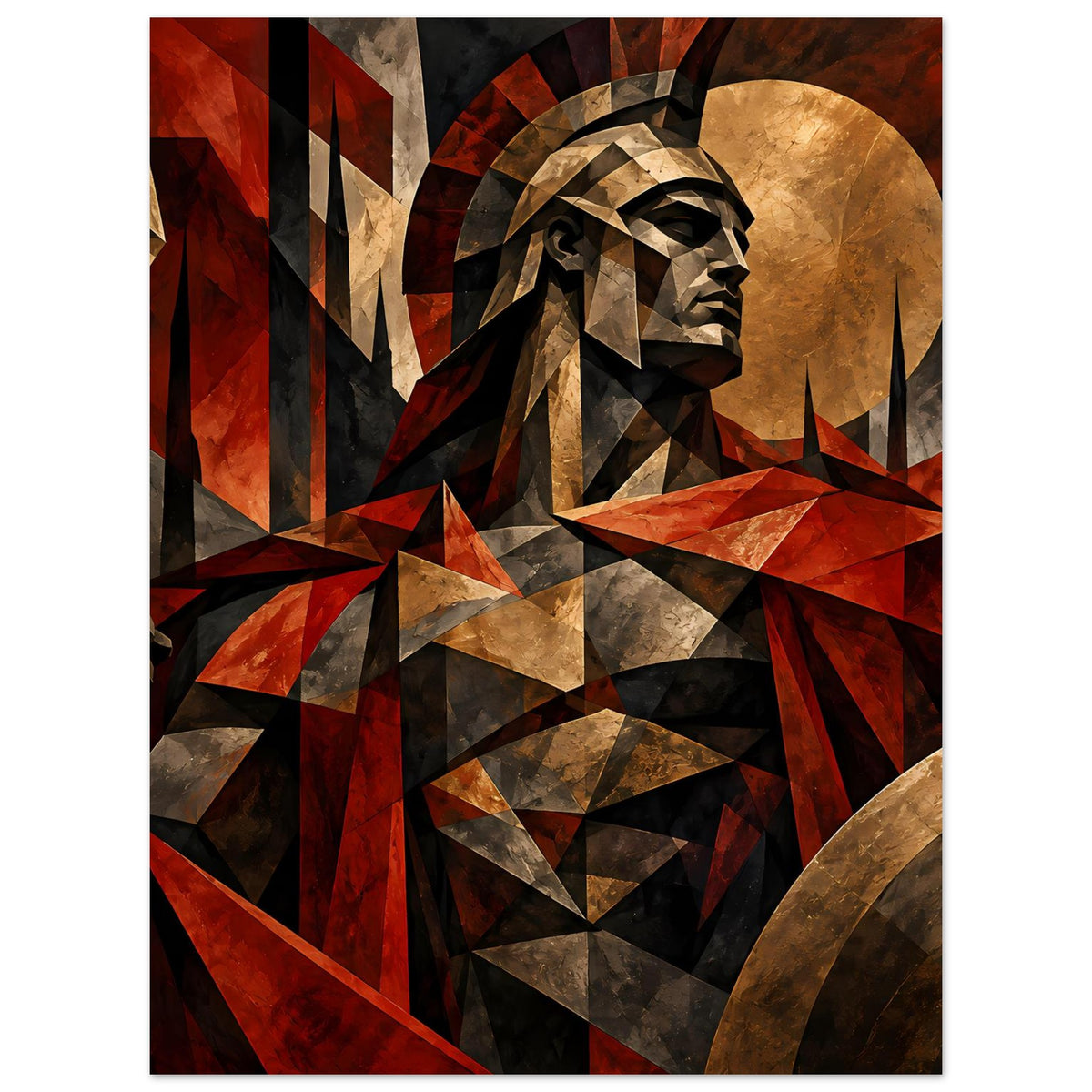 Vertikales Poster: Spartan-Krieger-Profil mit Helm und Rundschild in Rot-Gold-Geometrie