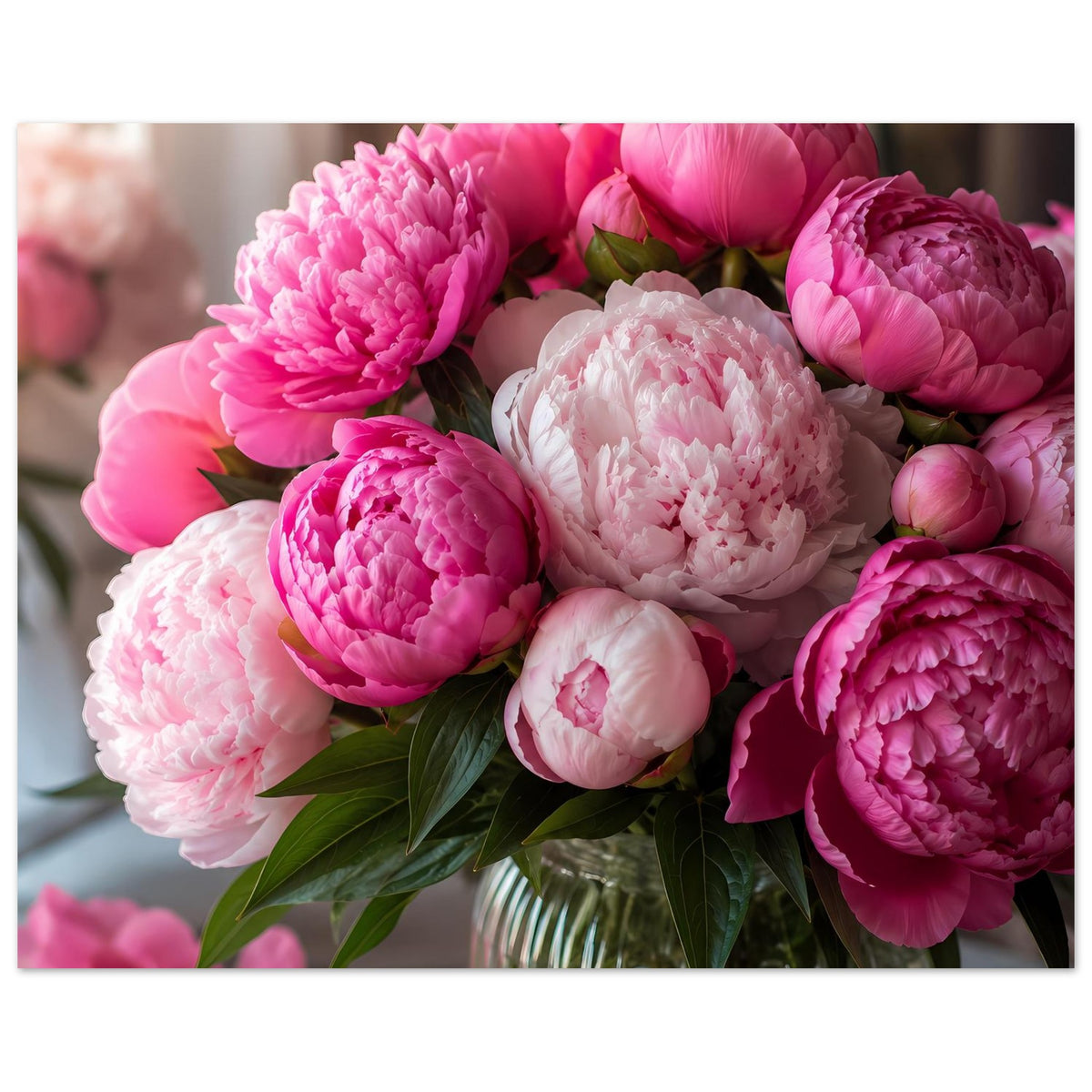 Poster mit Pfingstrosenbouquet: viele rosa Blüten, eine helle weiße Blüte im Zentrum
