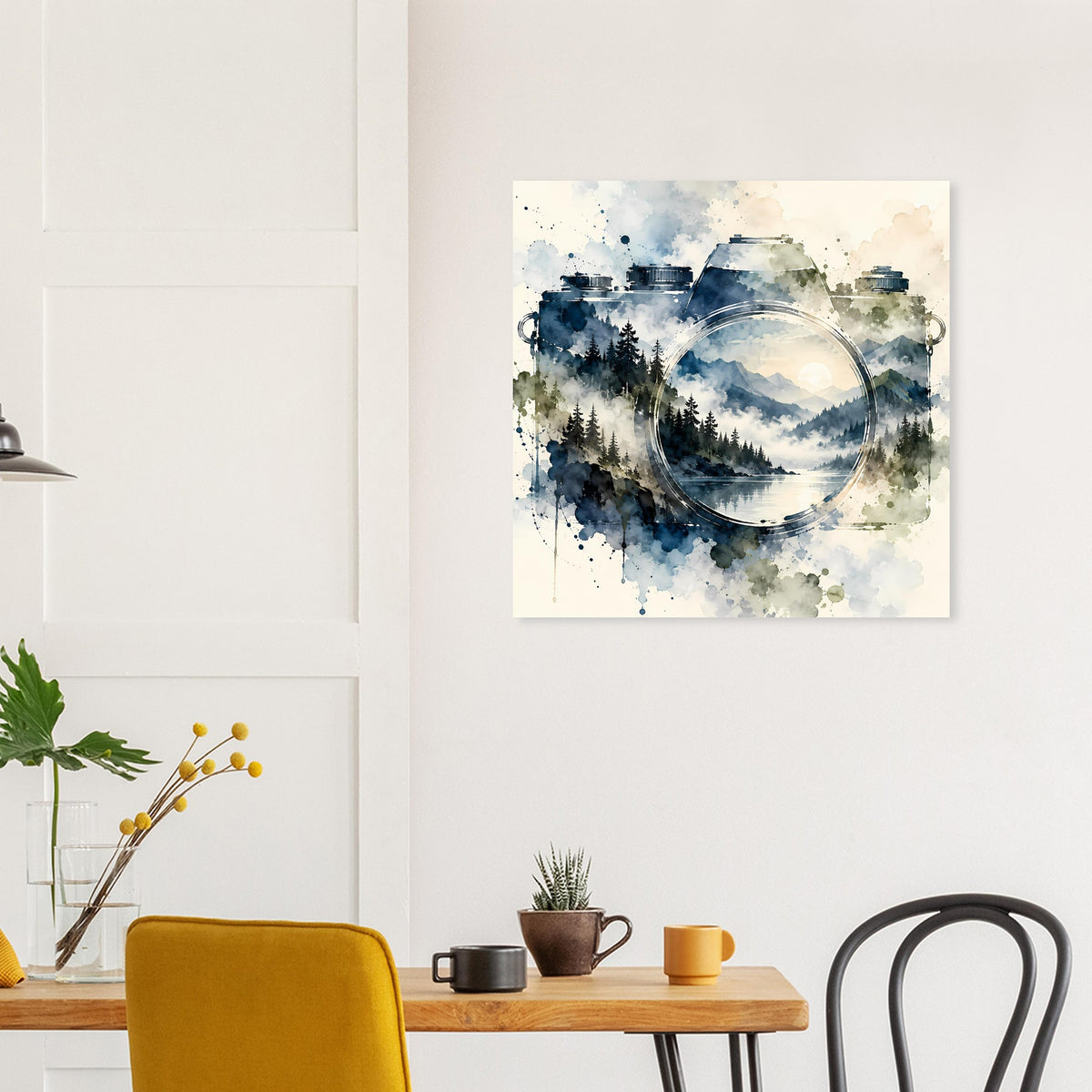 Quadratisches Aquarell-Poster mit blauer Waldlandschaft, Mond im Kreis und Farb-Spritzern