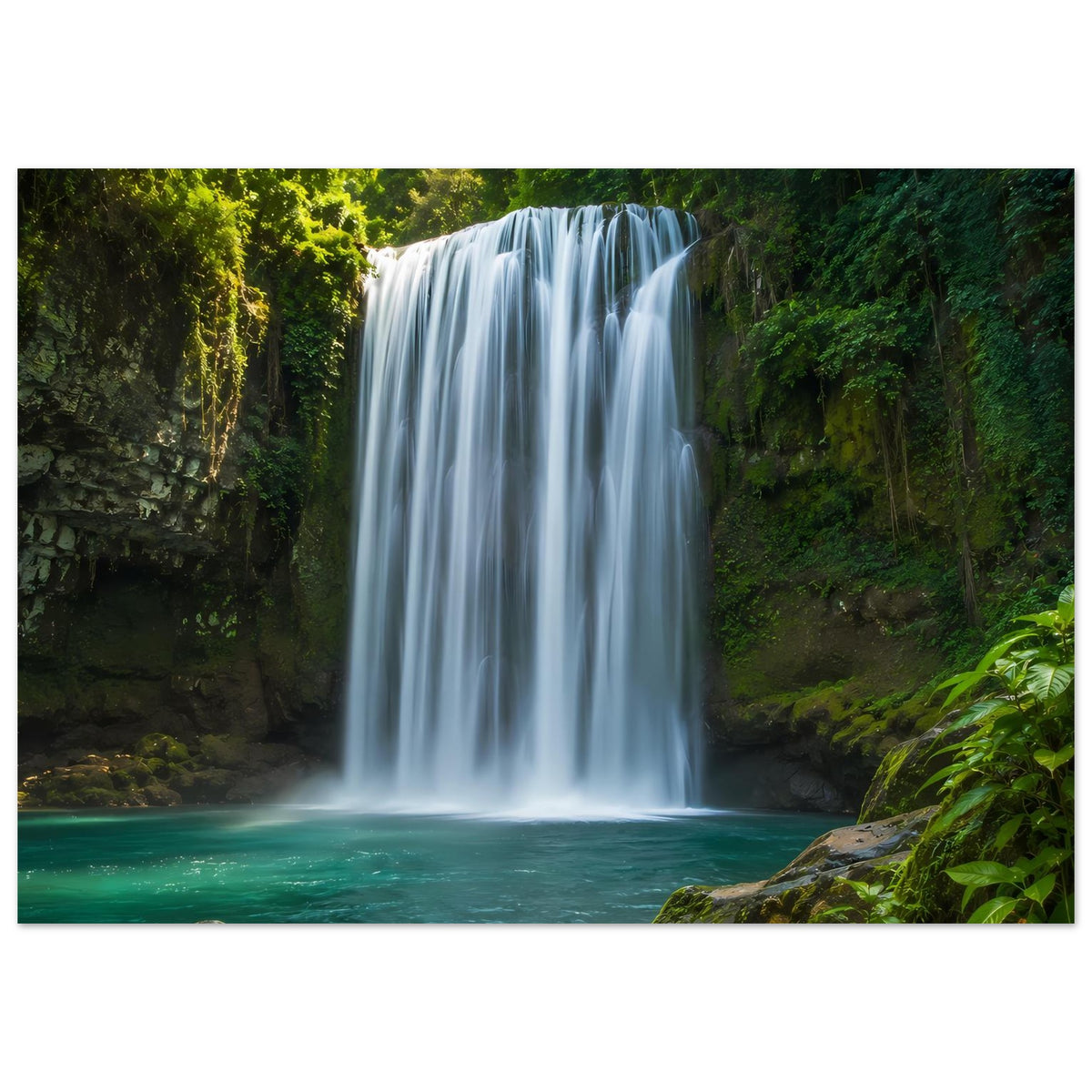 Wandposter mit großem Wasserfall, türkisgrünem Becken und grüner Ufervegetation, horizontal