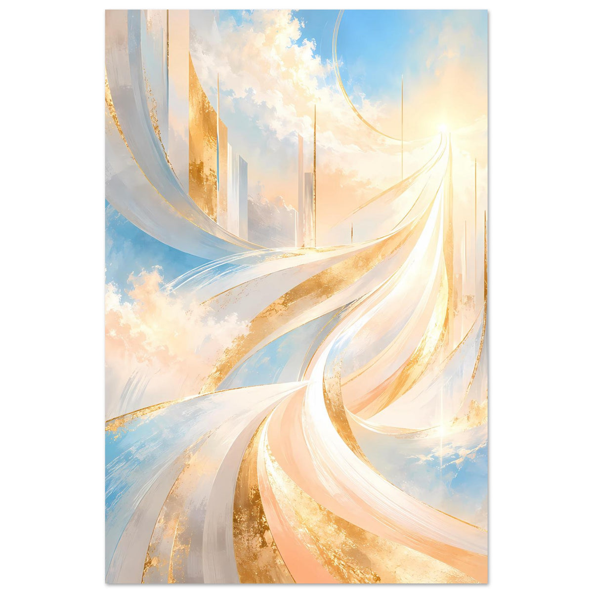 Abstraktes Poster im Hochformat mit geschwungenen weißen und goldenen Bändern