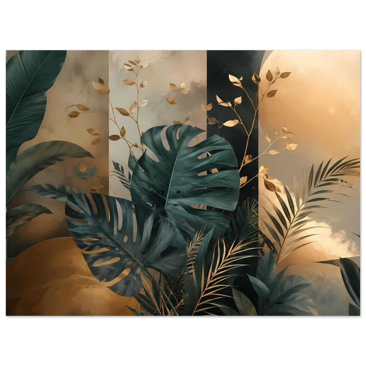 Poster mit dichtem Blattwerk aus Monstera und Palmen in Petrolgrün, goldene Highlights
