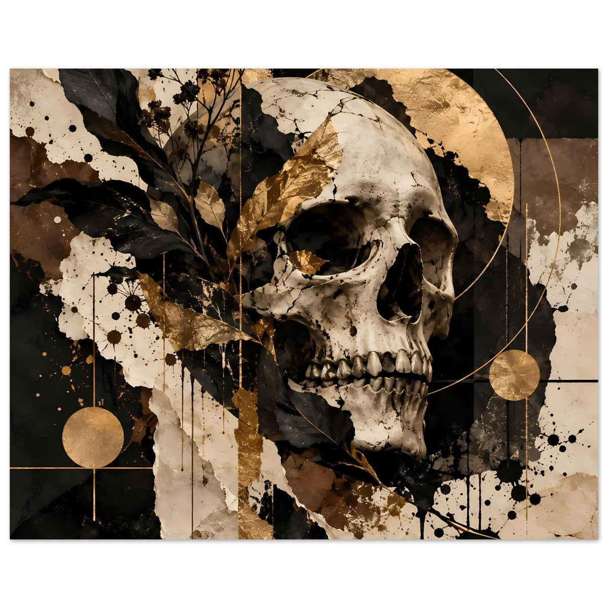 Gotisches Totenschädel-Kunstposter mit Schädel in Schwarz-Gold, Kreisen und Sprenkeln