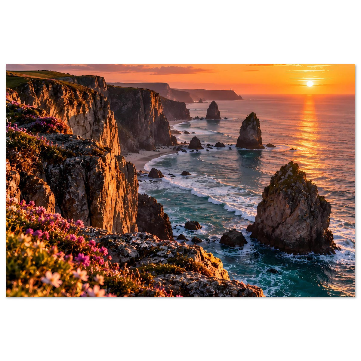 Horizontales Poster mit Küstenfelsen, Brandung und Sonnenuntergang am Horizont