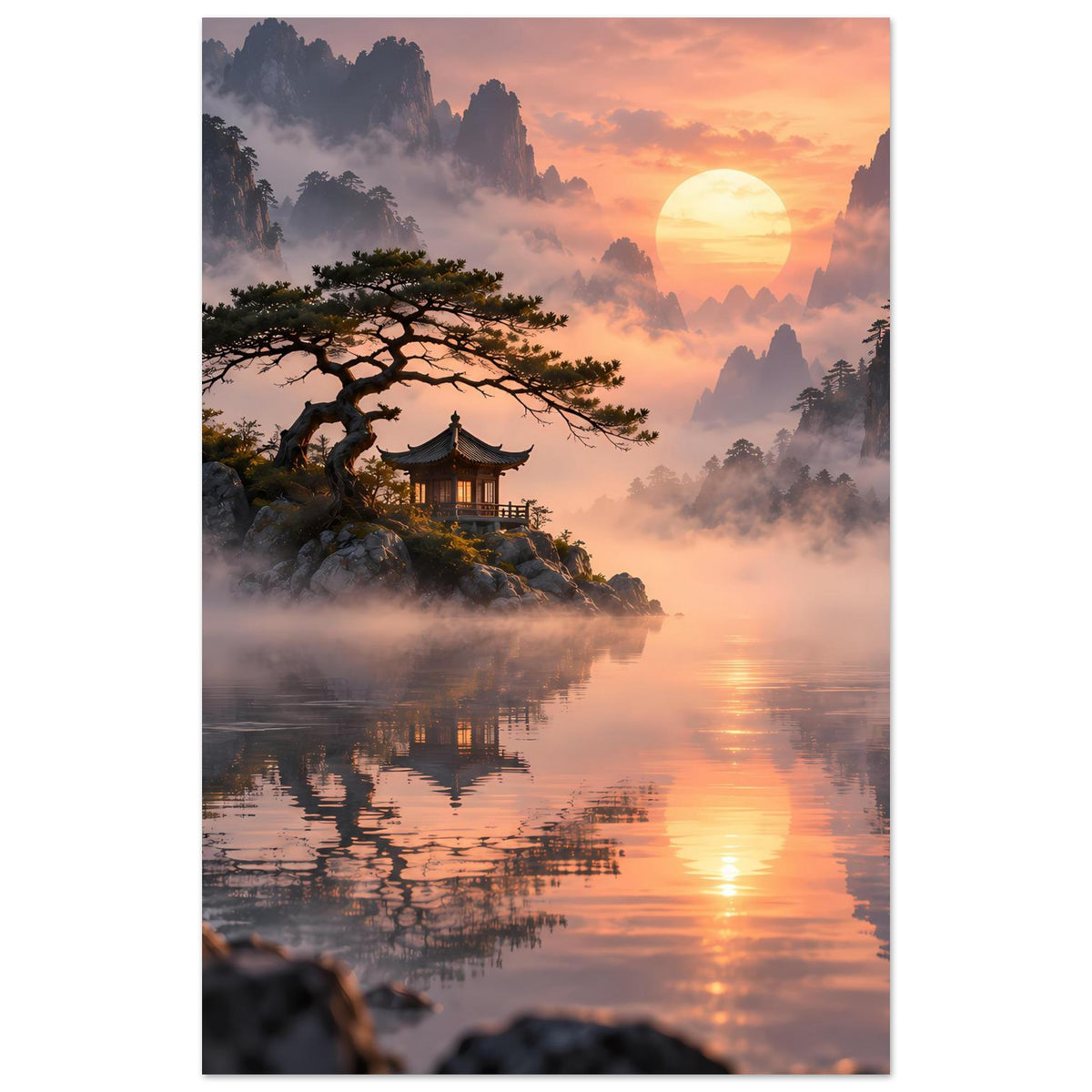 Vertikales Poster mit asiatischer Landschaft: Pagode, See, Berge und goldene Sonne im Dunst.