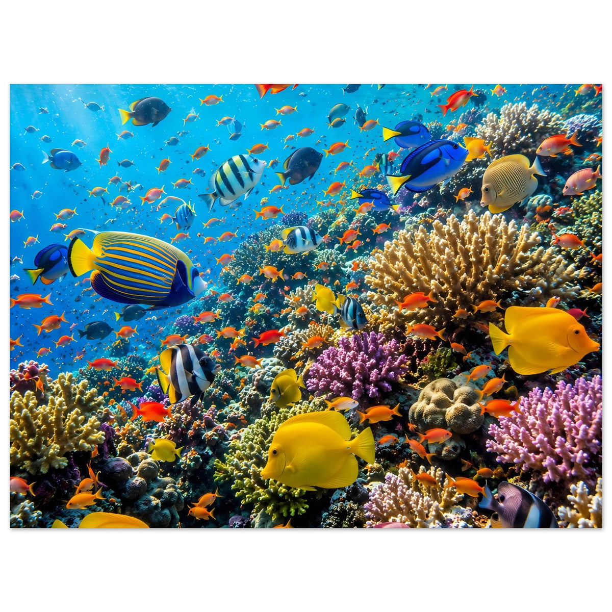 Korallenriff-Poster mit bunten tropischen Fischen und Korallen, farbenfrohe Unterwasserwelt