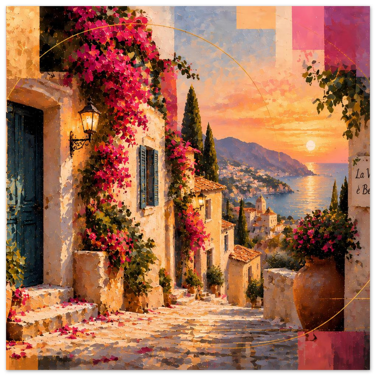 Poster mit beflanzter Fassade, mediterraner Gasse und Sonnenuntergangslandschaft mit Bucht