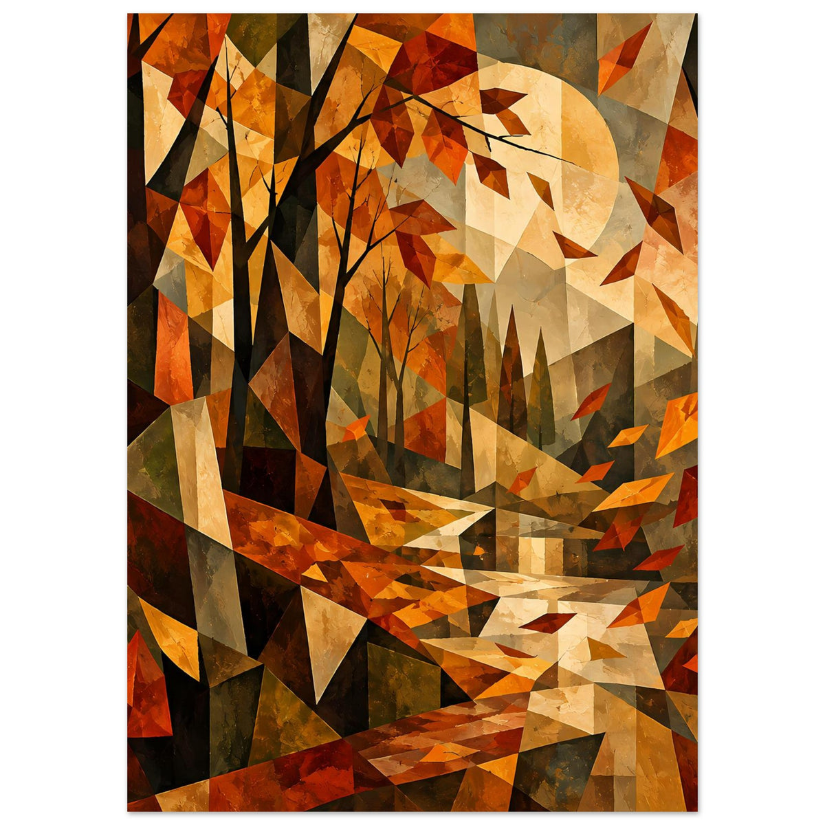Kubistisches Herbstlandschafts-Poster: stilisierte Baumstämme, große helle Sonne, orange-braune Geometrie