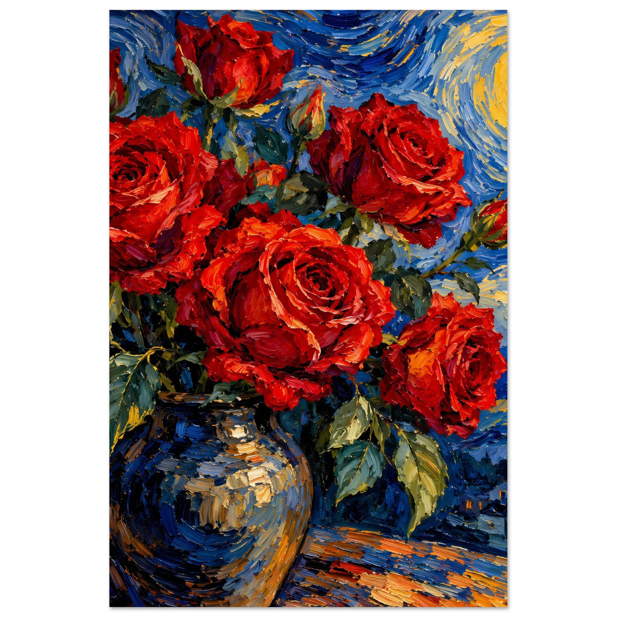 Poster mit rotem Rosenbouquet und blauer Nachtlandschaft, Hochformat