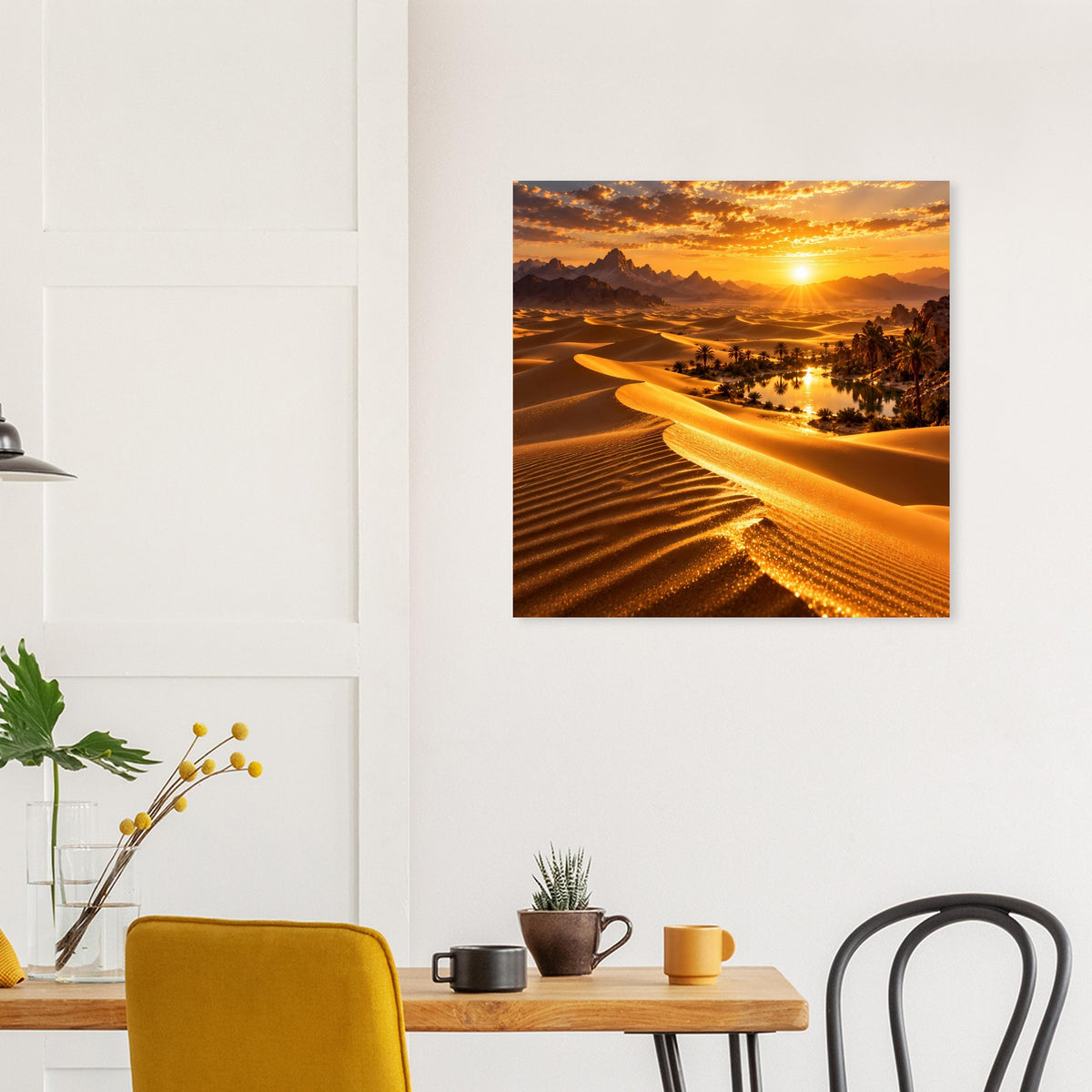 Quadratisches Poster mit Sonnenuntergang über Wüstendünen und Lichtern entlang eines Flusses