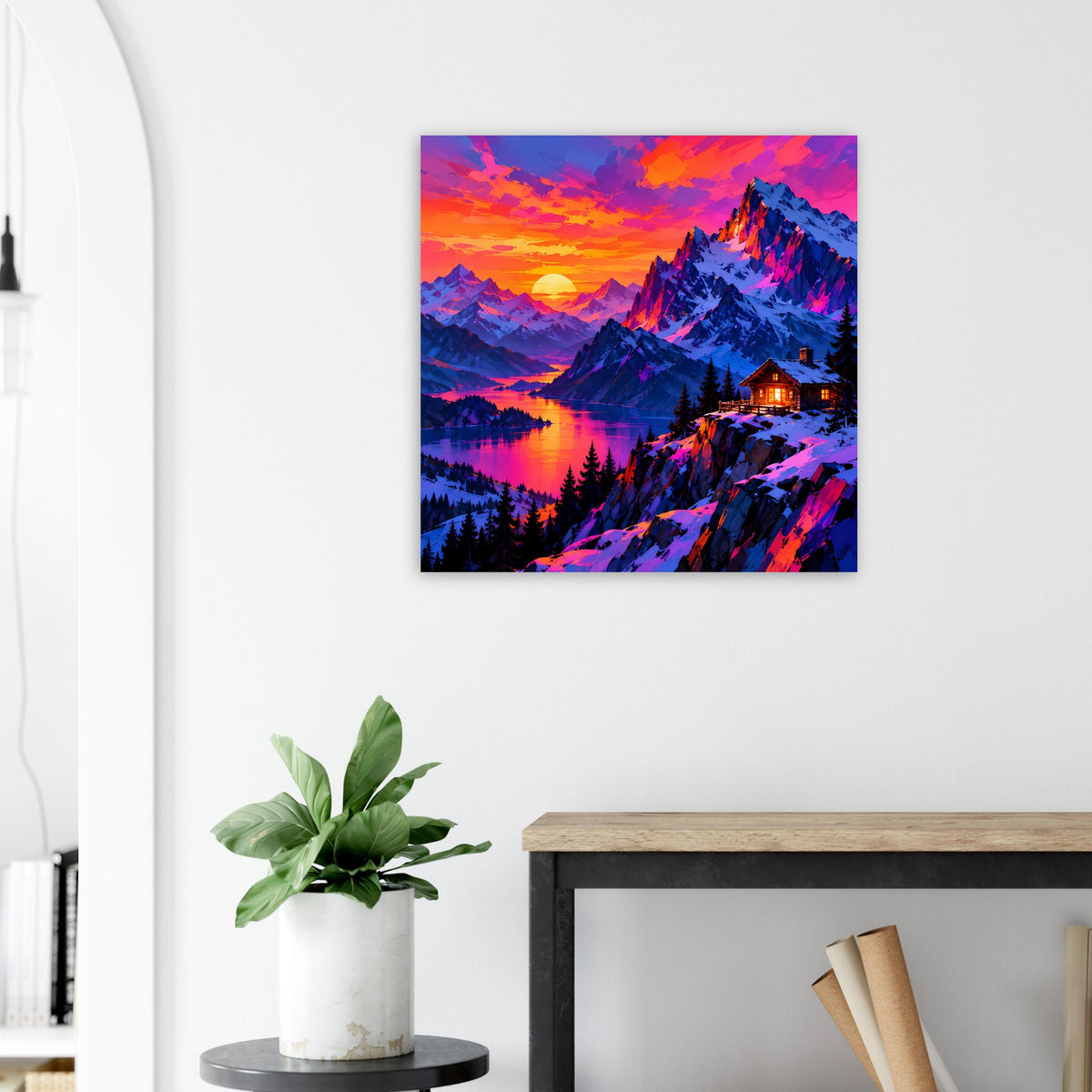 Quadratisches Poster mit Bergpanorama, Sonnenuntergangshimmel, See und beleuchteter Berghütte