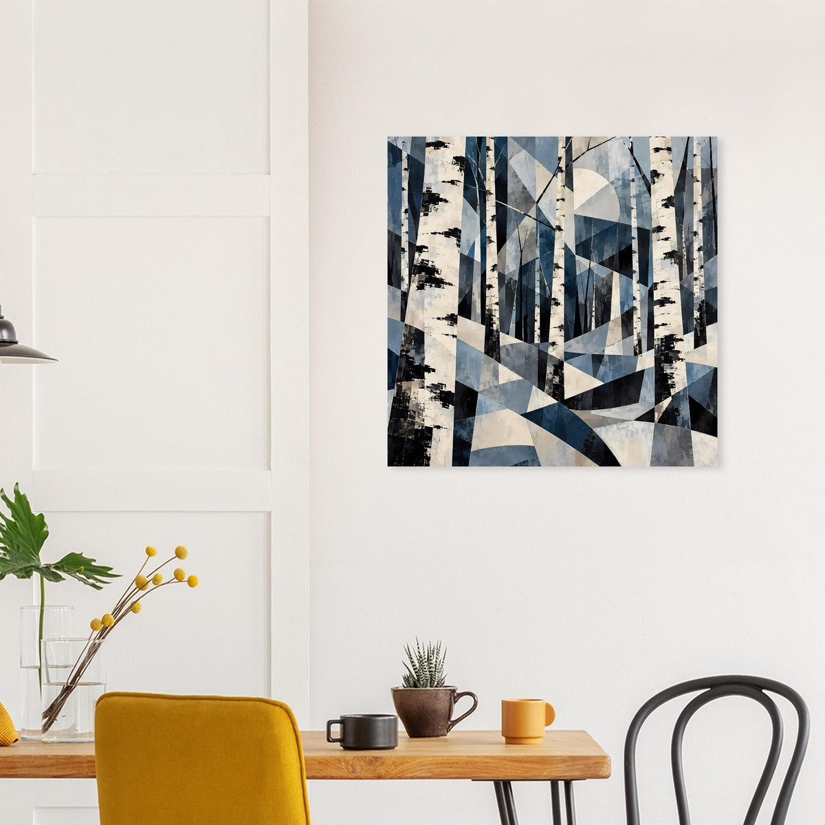 Blaues geometrisches Naturposter mit Birkenstämmen und Dreieckssegmenten