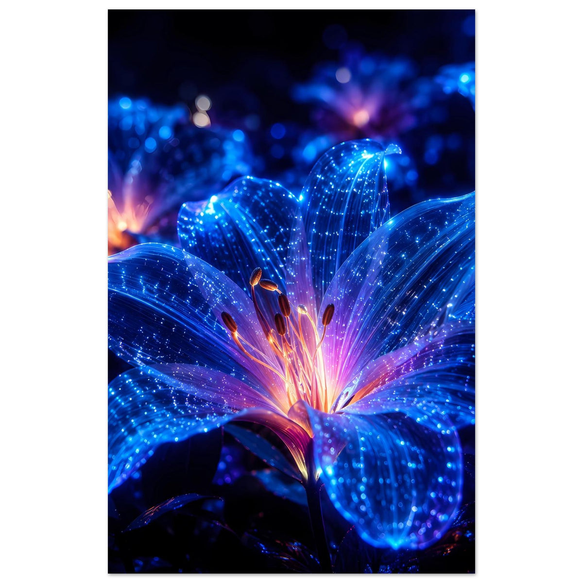 Blumenposter, vertikal: blaue Blütenblätter mit Glitzer-Effekt und orange-rotem Leuchten in der Mitte